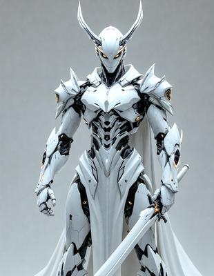 The primary subject of the image is a white robot with a sword. The robot is standing in a white room, which serves as the setting for the scene. The visual style of the image is digital art, as it appears to be a computer-generated or digitally rendered creation. The dominant colors in the image are white and grey, giving it a clean and futuristic appearance.